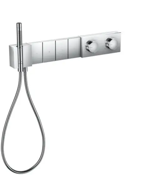 Thermostatmodul von AXOR mit zwei Bedienelementen und einem Handbrauseanschluss, montiert an einer Wand, für die Steuerung von vier Verbrauchern.